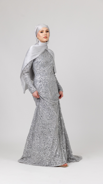 Silver Sequin Modest Evening Dress With Trail