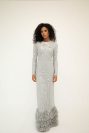 Silver Embellished Fur Dress With Long Sleeves