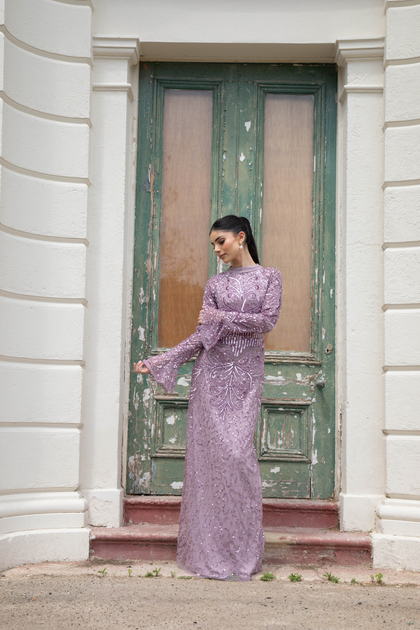 Lilac Sequin Evening Dress With Flare Sleeves Shimmi Dresses