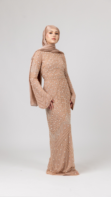 shimmi dresses Silver Sequin Modest Evening Dress With Trail MODEST EMBELLISHED MAXI DRESSES