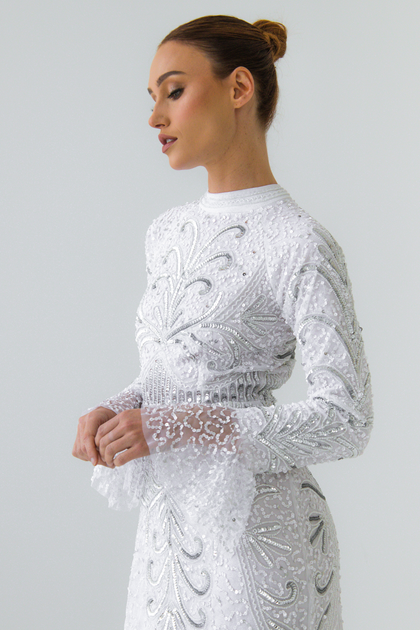 Ivory White Embellished Evening Dress With Flare Sleeves – Shimmi Dresses