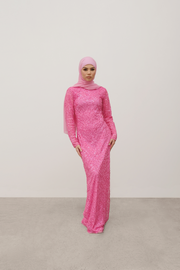 Hot Pink Sequin Evening Dress With Sleeves