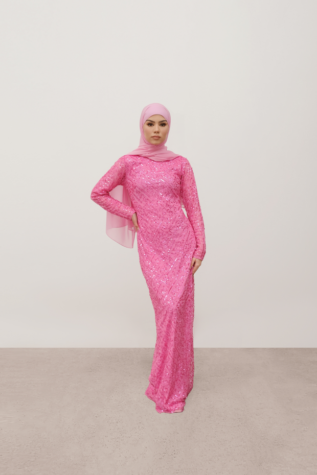 Hot Pink Sequin Evening Dress With Sleeves