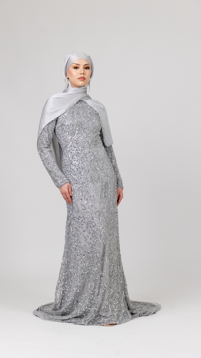 Silver Sequin Modest Evening Dress With Trail