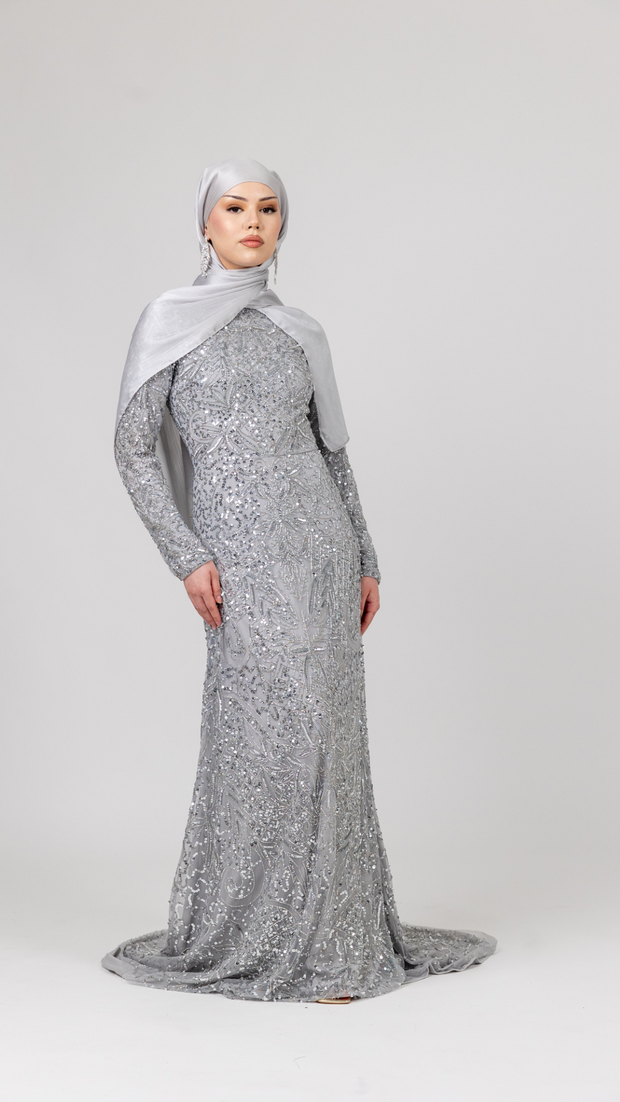 Silver Sequin Modest Evening Dress With Trail