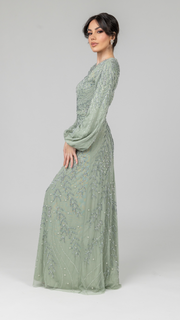 Sage Pearl Evening Dress With Balloon Sleeve