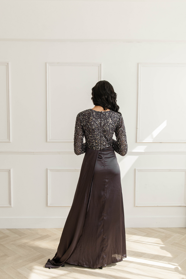 Charcoal Grey Embellished Satin Evening Dress With Trail Shimmi