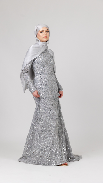 Silver Sequin Modest Evening Dress With Trail - Shimmi Dresses