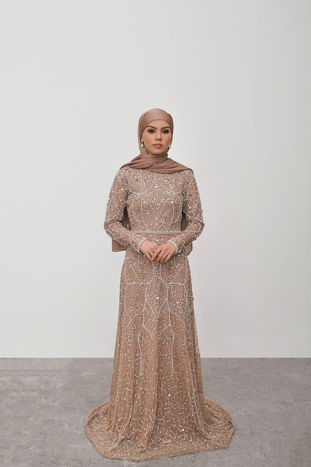Pink Pearl Embellished Long Sleeve Dress With Trail