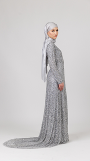 Silver Sequin Modest Evening Dress With Trail