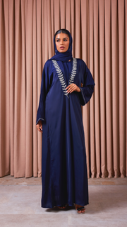 Navy Embellished Satin Abaya Set
