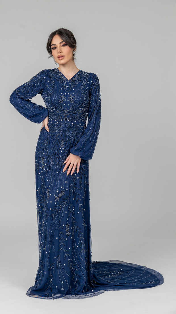 Navy Pearl Evening Dress With Balloon Sleeve