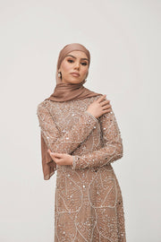 Pink Pearl Embellished Long Sleeve Dress With Trail
