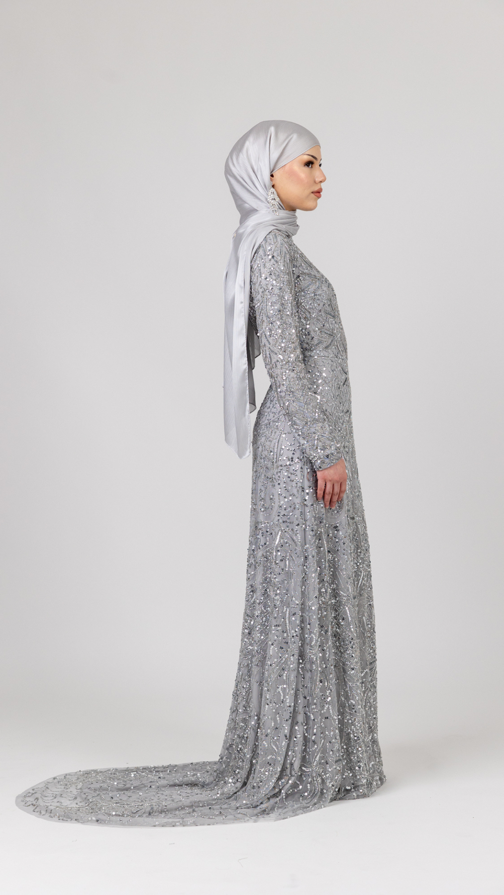 Silver Sequin Modest Evening Dress With Trail