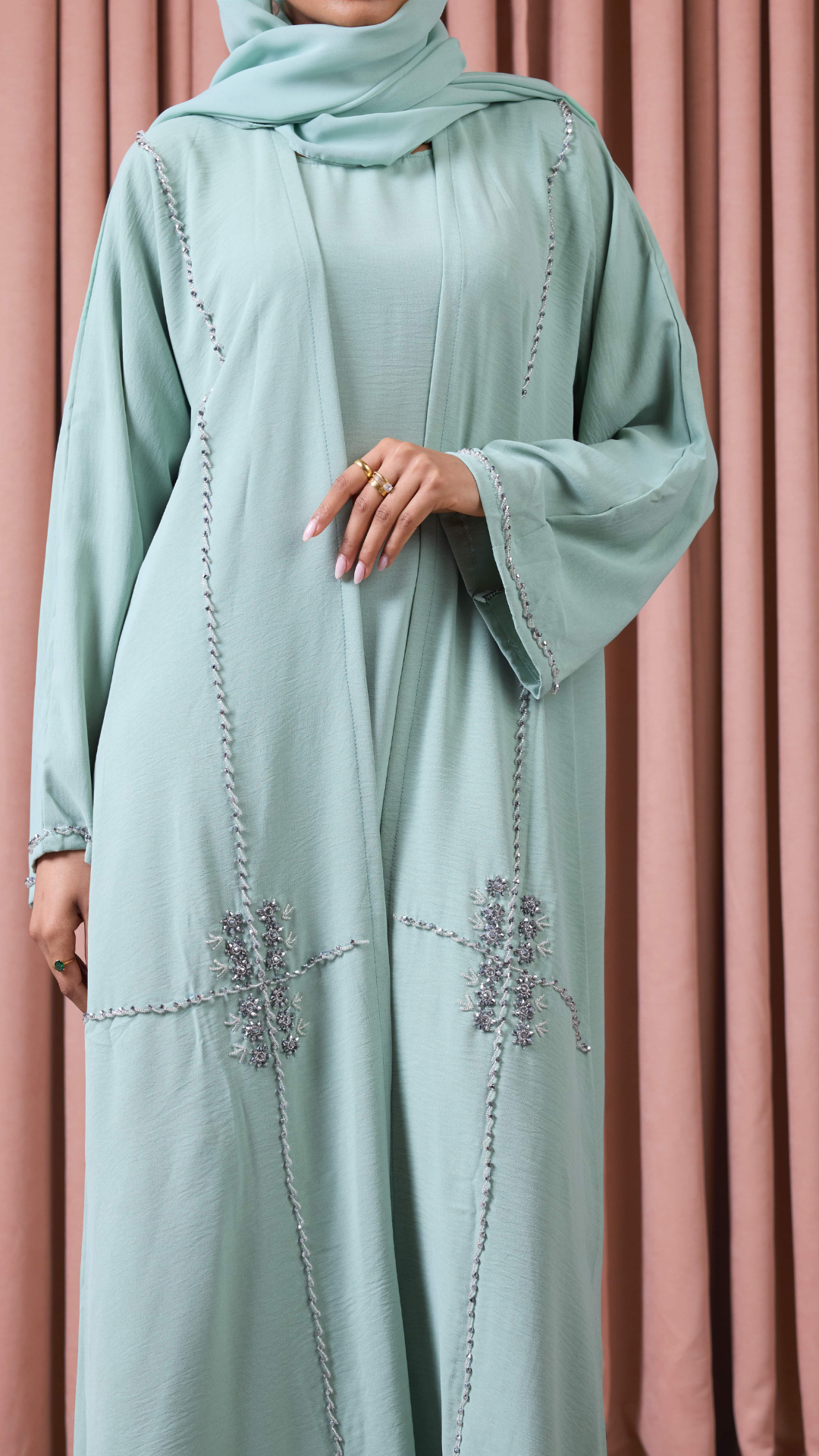 Mint Embellished Crepe Abaya Set Shimmi Dresses Mint Embellished Crepe Abaya Set Shimmi Dresses