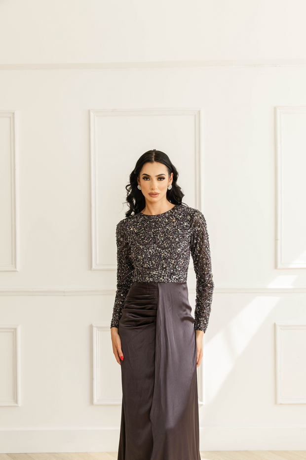 Charcoal Grey Embellished Satin Evening Dress With Trail