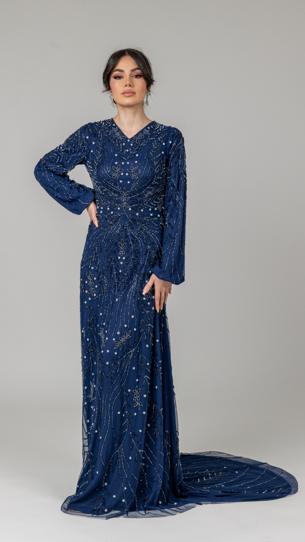 Navy Pearl Evening Dress With Balloon Sleeve