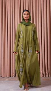 Olive Green Embellished Crepe Abaya Set