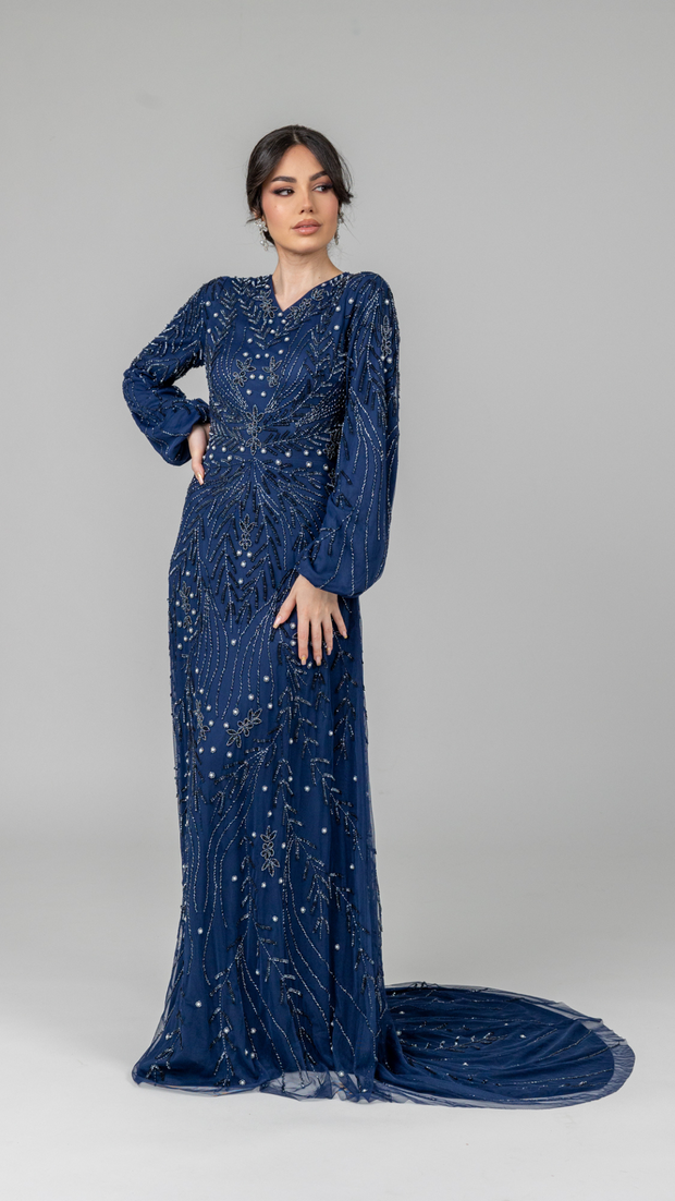 Navy Pearl Evening Dress With Balloon Sleeve