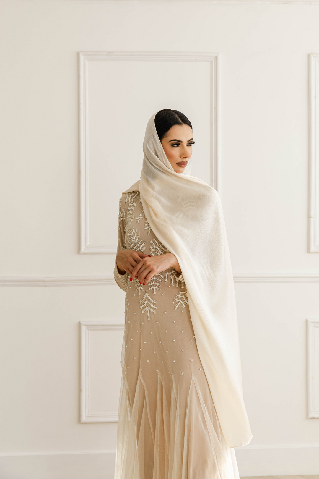 beige formal dress for wedding Luxury Designer Beige Beaded Evening Dress with Cape Sleeves LA72992 Green / 6 main image 1