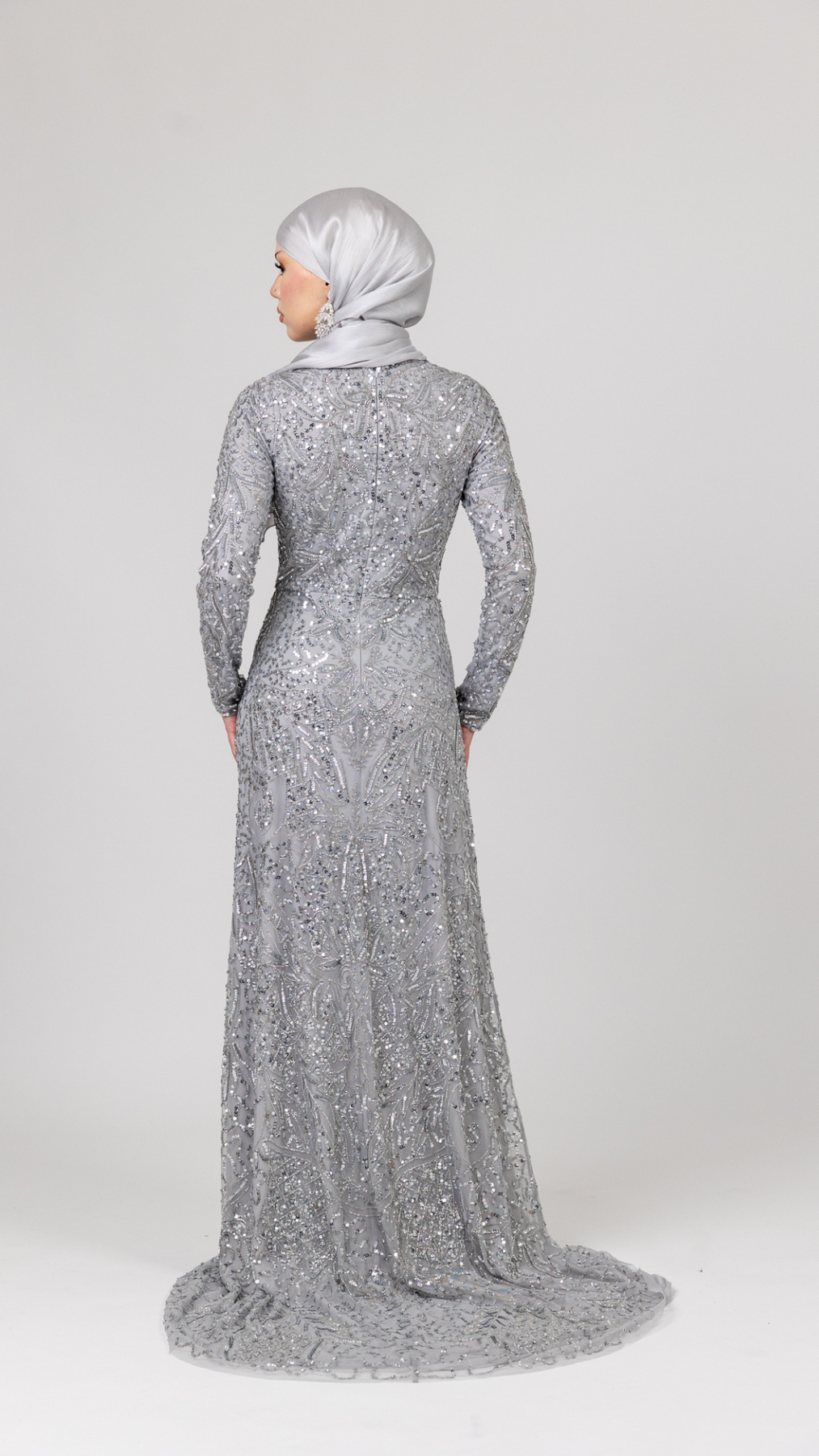Silver Sequin Modest Evening Dress With Trail