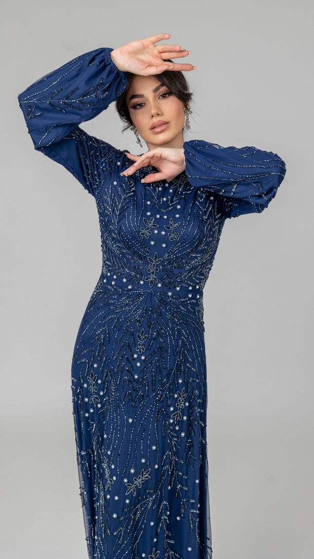 Navy Pearl Evening Dress With Balloon Sleeve