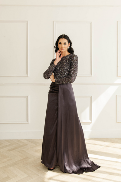 Charcoal Grey Embellished Satin Evening Dress With Trail