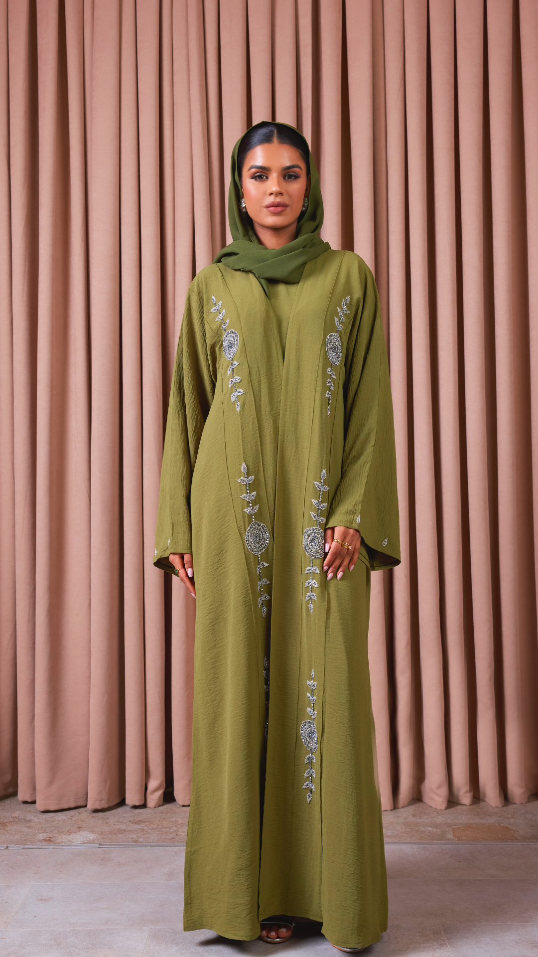 Olive Green Embellished Crepe Abaya Set – Shimmi Dresses