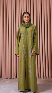 Olive Green Embellished Crepe Abaya Set