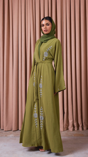 Olive Green Embellished Crepe Abaya Set