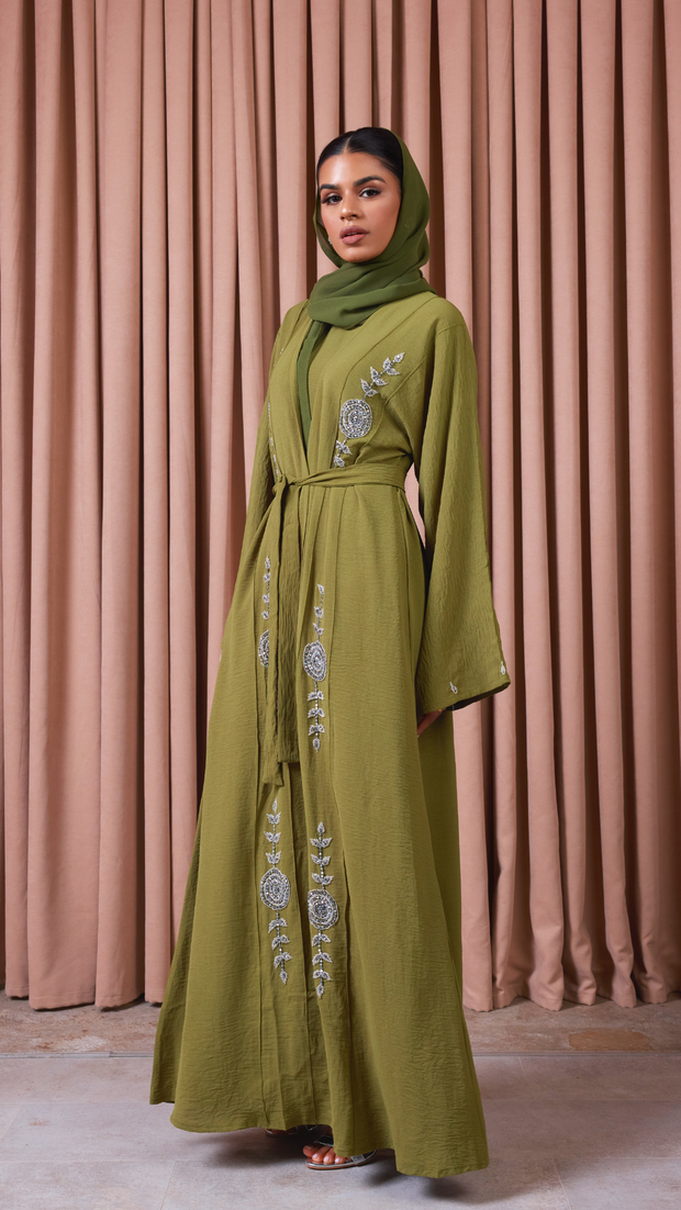 Olive Green Embellished Crepe Abaya Set