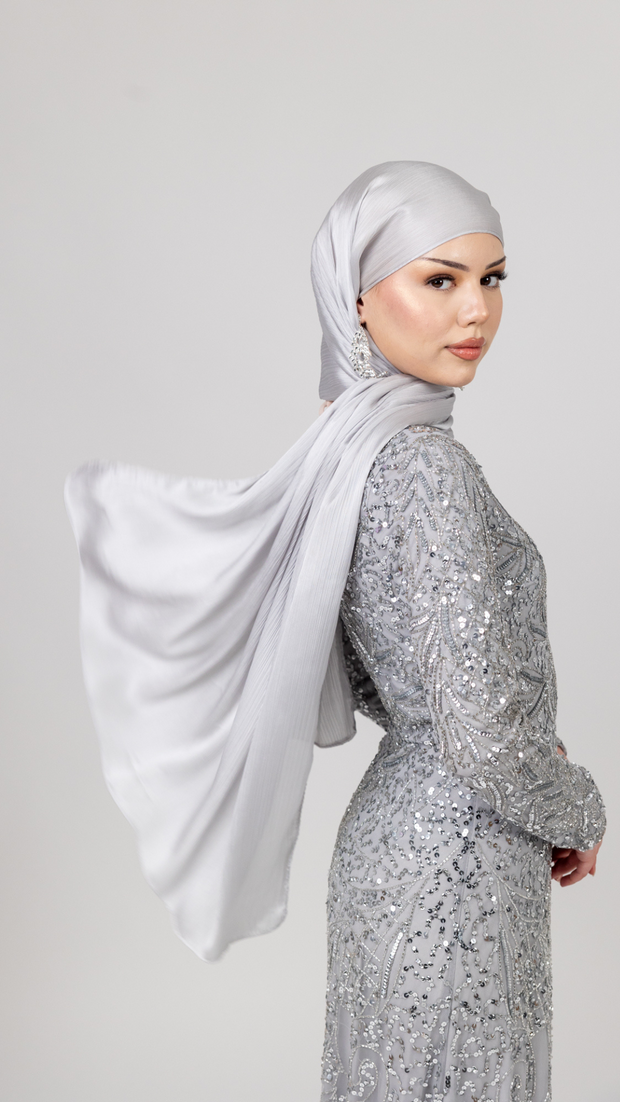 Silver Satin Hijab Lujayn Shimmi Dresses
