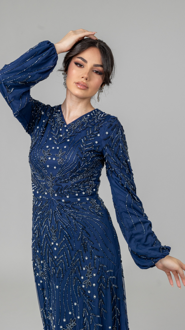 Navy Pearl Evening Dress With Balloon Sleeve