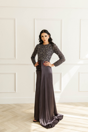 Charcoal Grey Embellished Satin Evening Dress With Trail