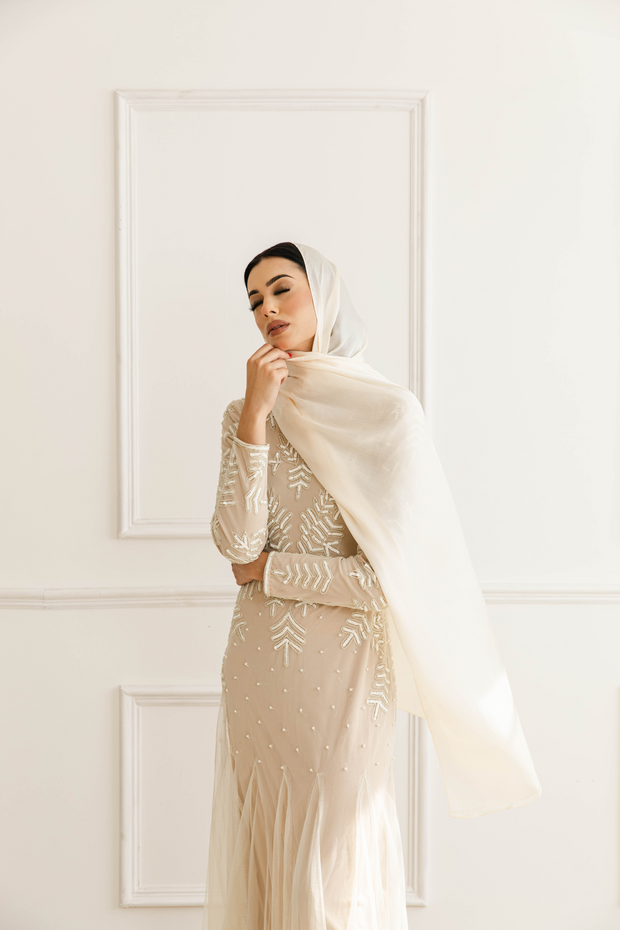 Cream Satin Hijab Shimmi Dresses
