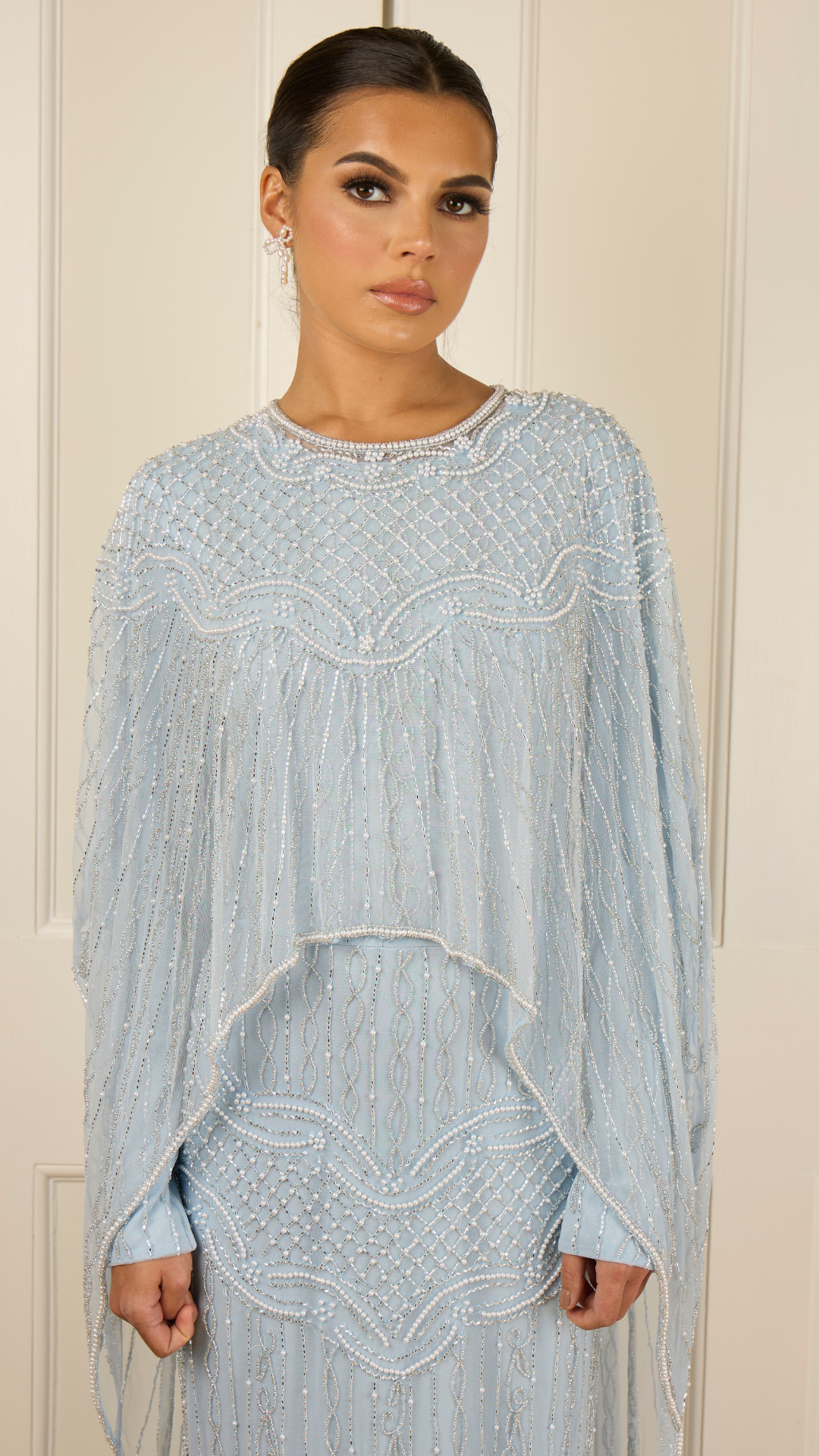 Light Blue Embellished Cape Gown – Shimmi Dresses