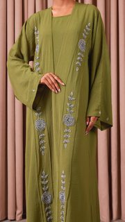 Olive Green Embellished Crepe Abaya Set