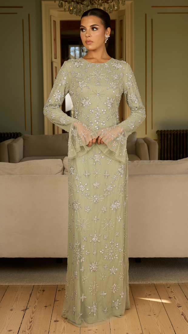 Sage Star Sequin Evening Dress With Flare Sleeves – Shimmi Dresses