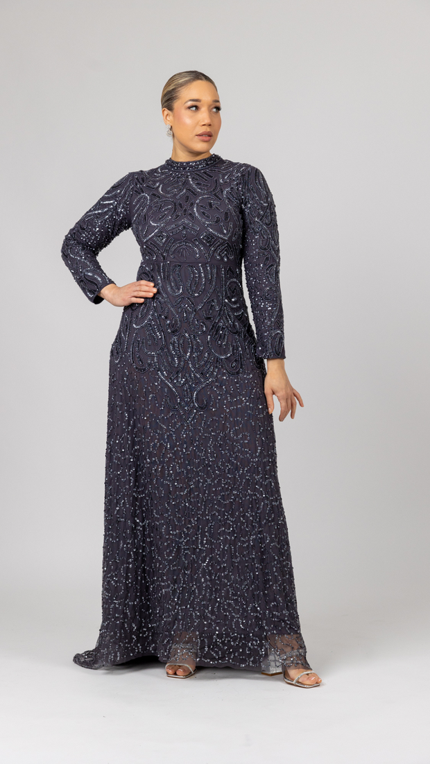 Dark Grey Embellished Modest Maxi Dress