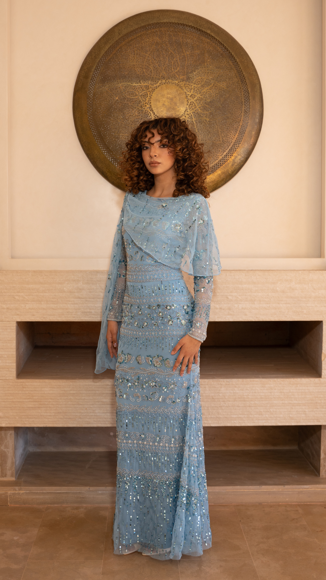 shimmi dresses Sky Blue Sequin Evening Dress with Asymmetrical Cape Overlay