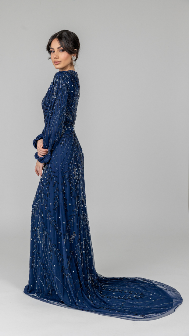 Navy Pearl Evening Dress With Balloon Sleeve