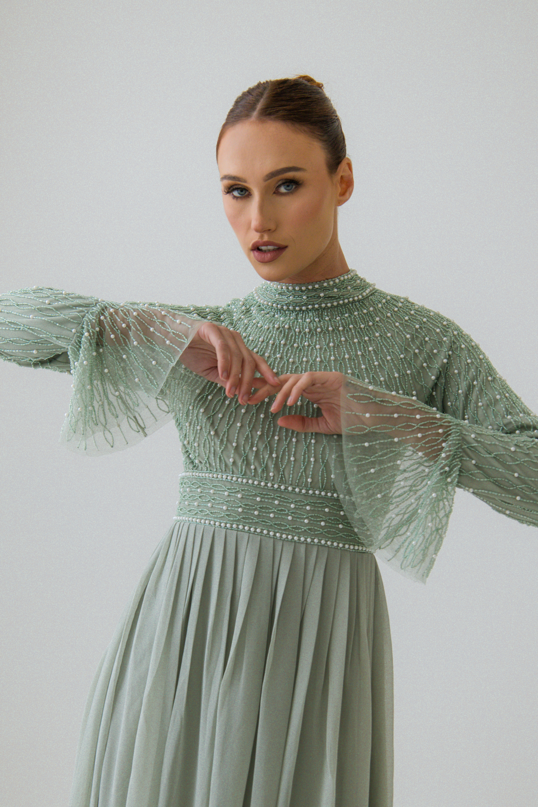 Sage Pearl Flowy Dress With Flare Sleeves Shimmi Dresses Sage Pearl Flowy Dress With Flare Sleeves Shimmi Dresses
