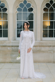 White Pearl Embellished Gown With Long Sleeves