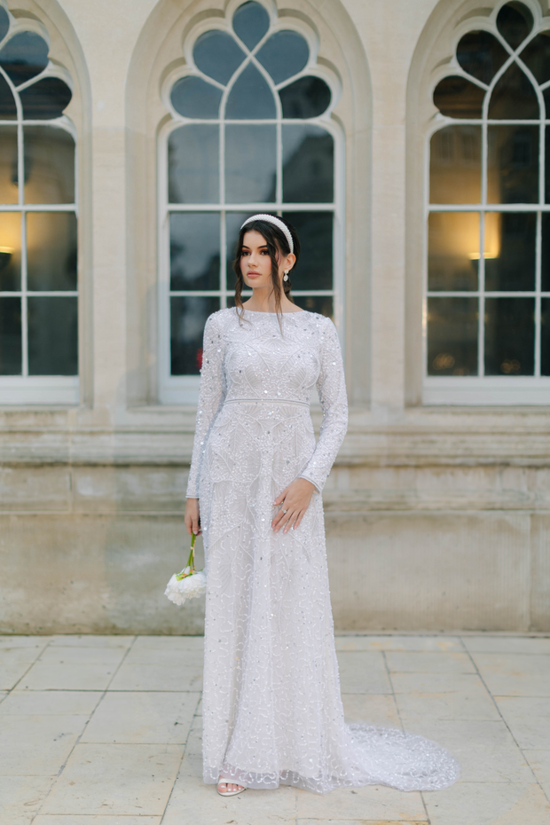 Fit And Flare Wedding Dress With Floral Embellished Long Sleeves |  Kleinfeld Bridal