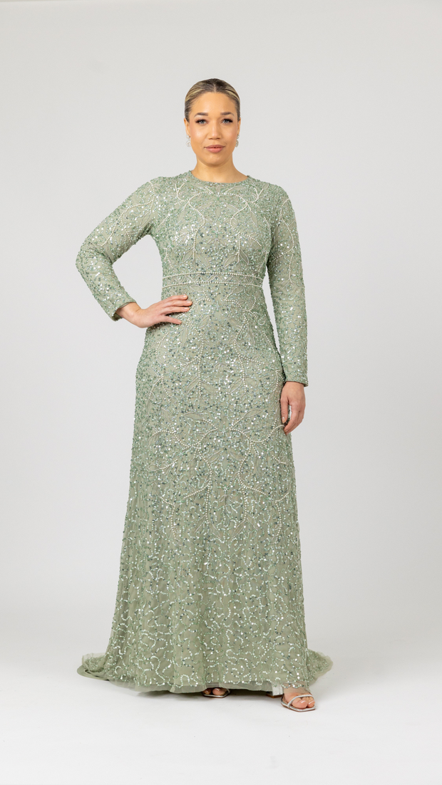 Sage Pearl Embellished Long Sleeve Dress