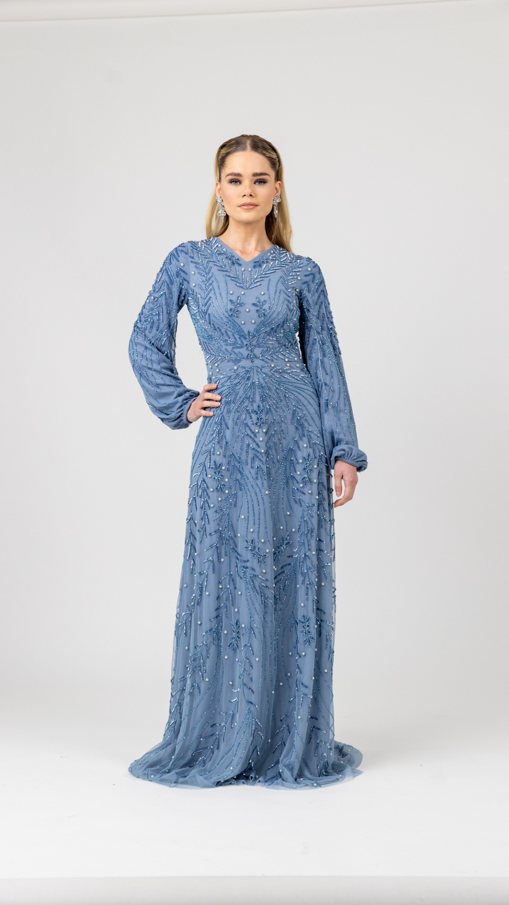 Blue Pearl Evening Dress With Balloon Sleeve