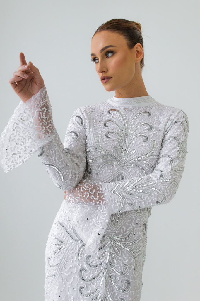 White Pearl Embellished Gown With Long Sleeves – Shimmi Dresses