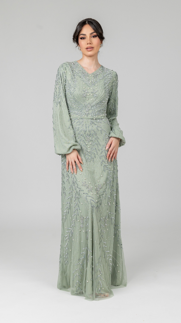 Sage Pearl Evening Dress With Balloon Sleeve