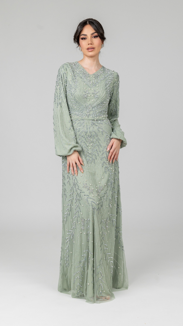 Sage Pearl Evening Dress With Balloon Sleeve - Shimmi Dresses Sage Pearl Evening Dress With Balloon Sleeve - Shimmi Dresses