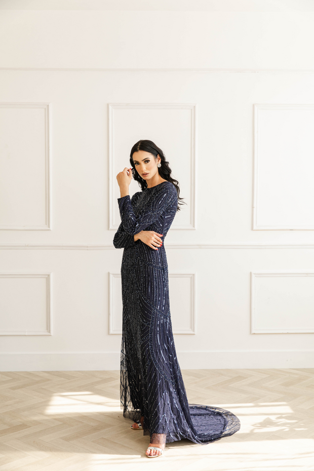 Navy Sequin Long Sleeve Evening Dress With Trail Shimmi Dresses